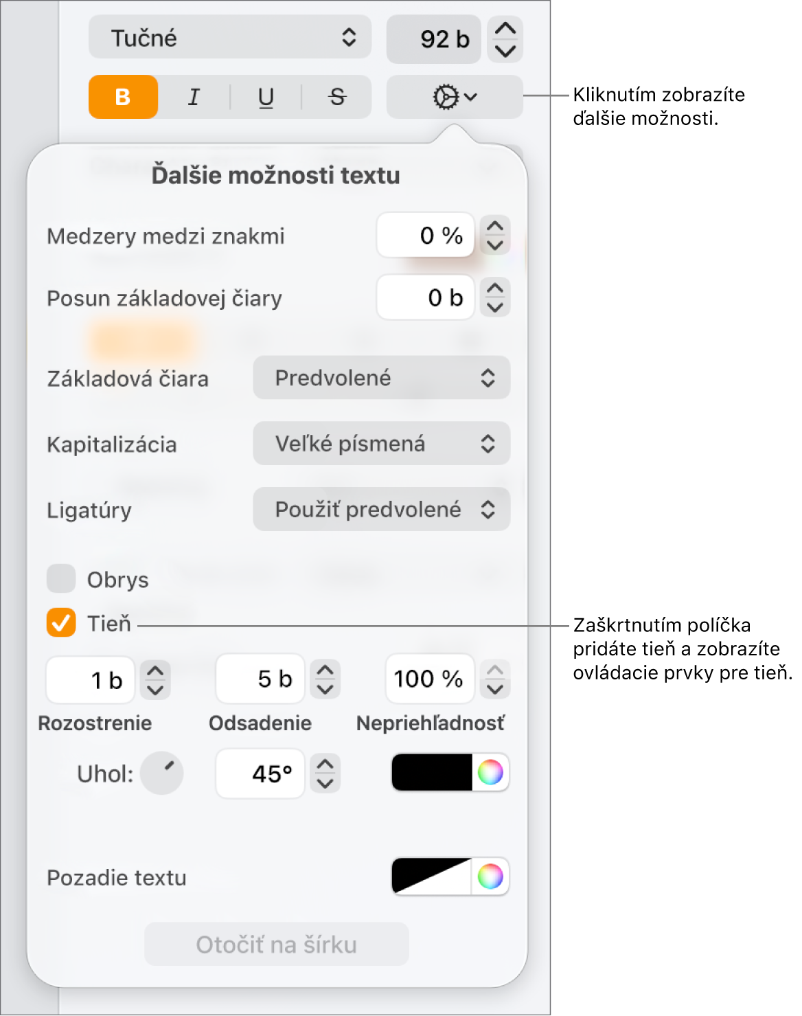 Menu Rozšírené možnosti otvorené so zaškrtnutým políčkom Tiene a ovládacími prvkami pre nastavenie rozostrenia, odsadenia, nepriehľadnosti, uhla a farby.