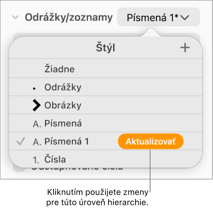 Vyskakovacie menu Štýly zoznamu s tlačidlom Aktualizovať vedľa názvu nového štýlu.