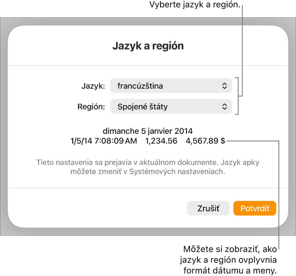 Panel Jazyk a región s ovládacími prvkami pre jazyk a región a príklad formátu dátumu, času, desatinného znaku a meny.