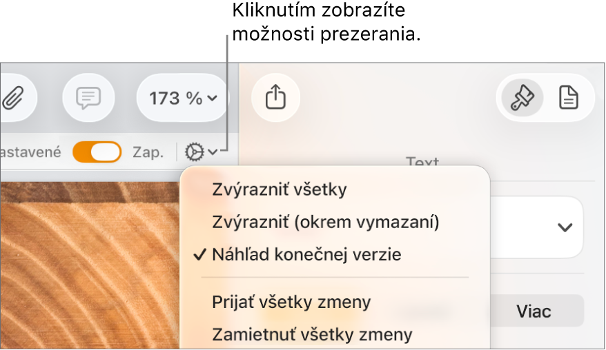 Menu s možnosťami revízie zobrazujúce funkcie Značka, Označiť bez vymazania a Konečné.