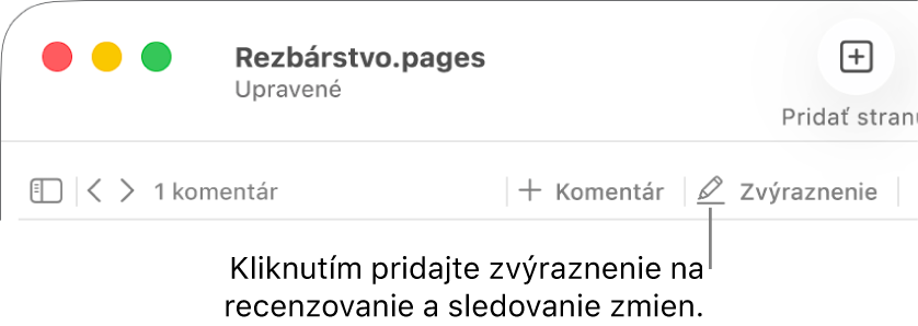 Lišta znázorňujúca menu Vložiť a pod ňou panel s nástrojmi Pages s nástrojmi revízie a bublinou pre tlačidlo Zvýrazniť.