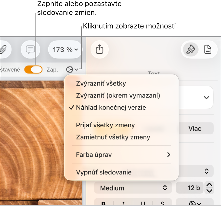 Menu možností sledovania zobrazujúce položku Vypnúť sledovanie (v spodnej časti) a textové bubliny na tlačidlách Sledovanie zap. a Pozastavené.