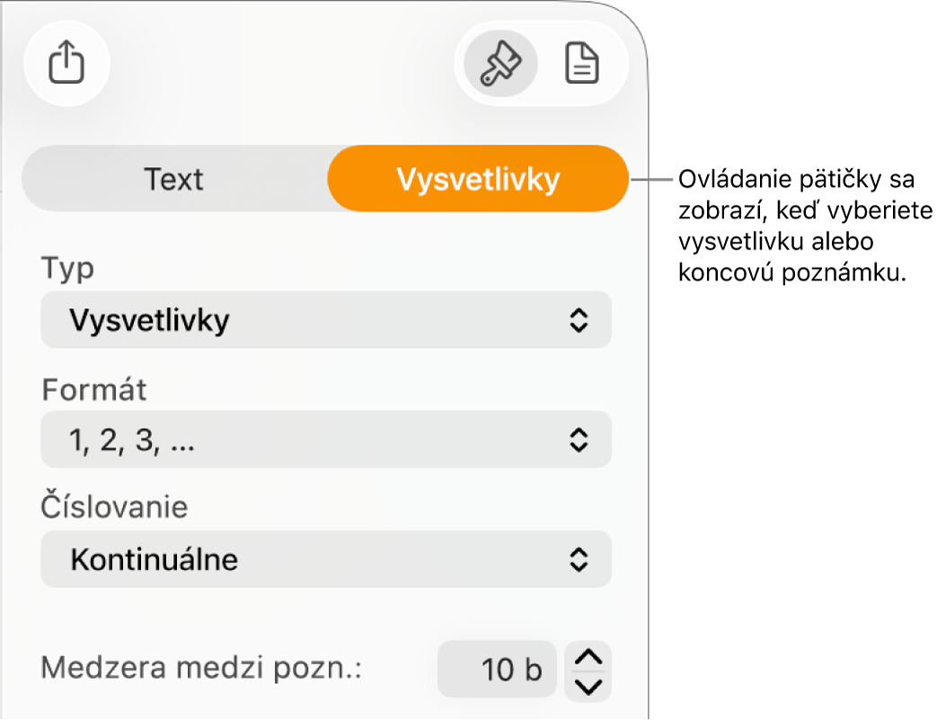 Panel Vysvetlivky znázorňujúci vyskakovacie ponuky pre Typ, Formát, Číslovanie a priestor medzi vysvetlivkami.