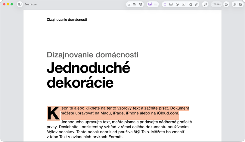 V otvorenom dokumente je označený vzorový text na šablóne.