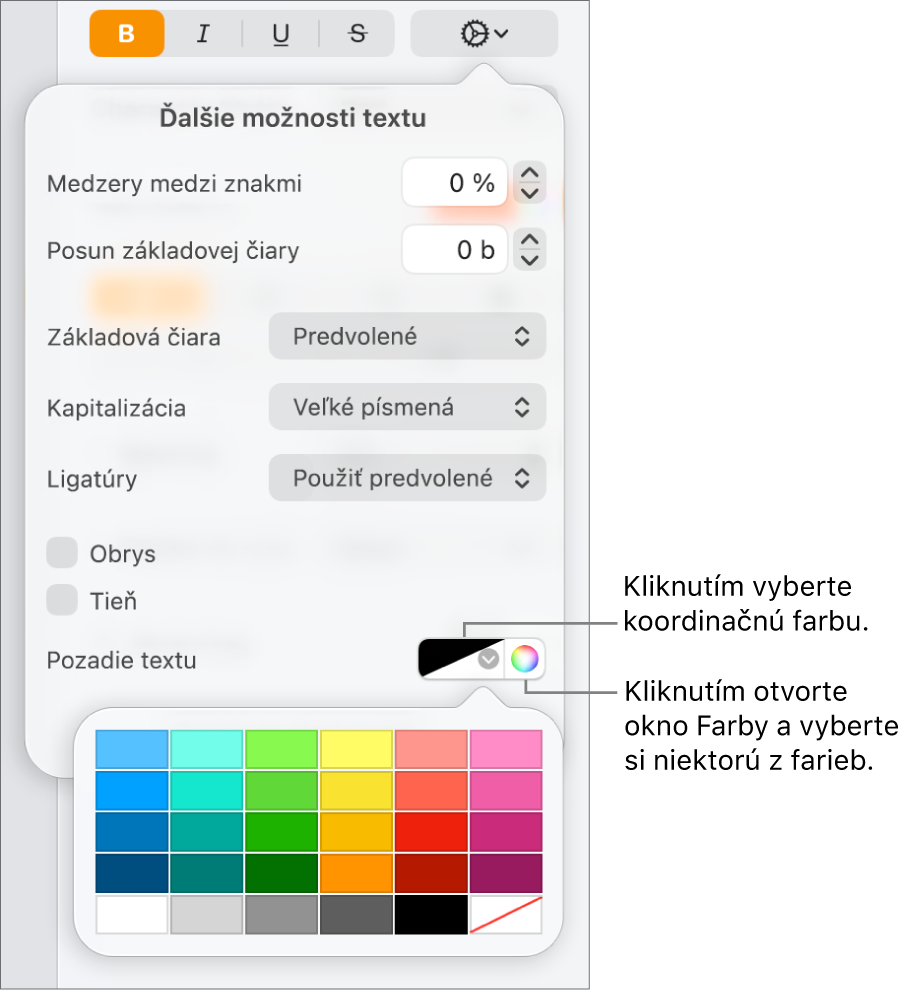 Ovládacie prvky na výber farby pozadia textu.