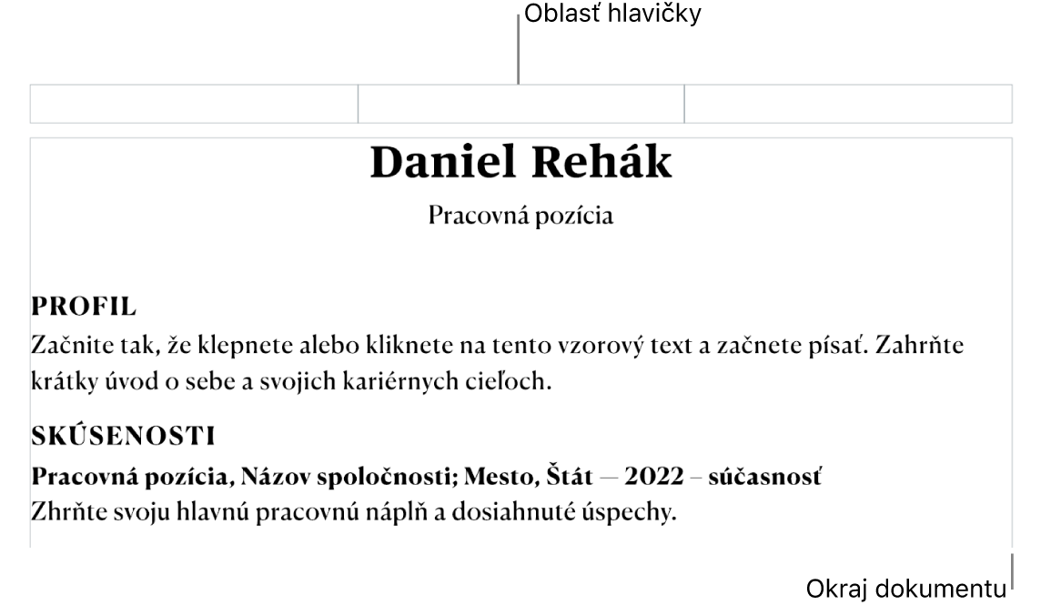 Zobrazenie rozloženia zobrazujúce oblasť hlavičky a okraje dokumentu.