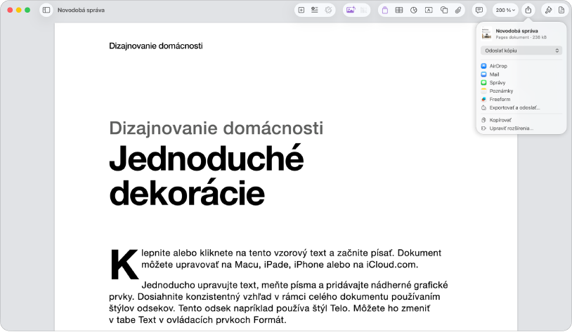 Otvorený dokument s otvoreným menu Zdieľať.