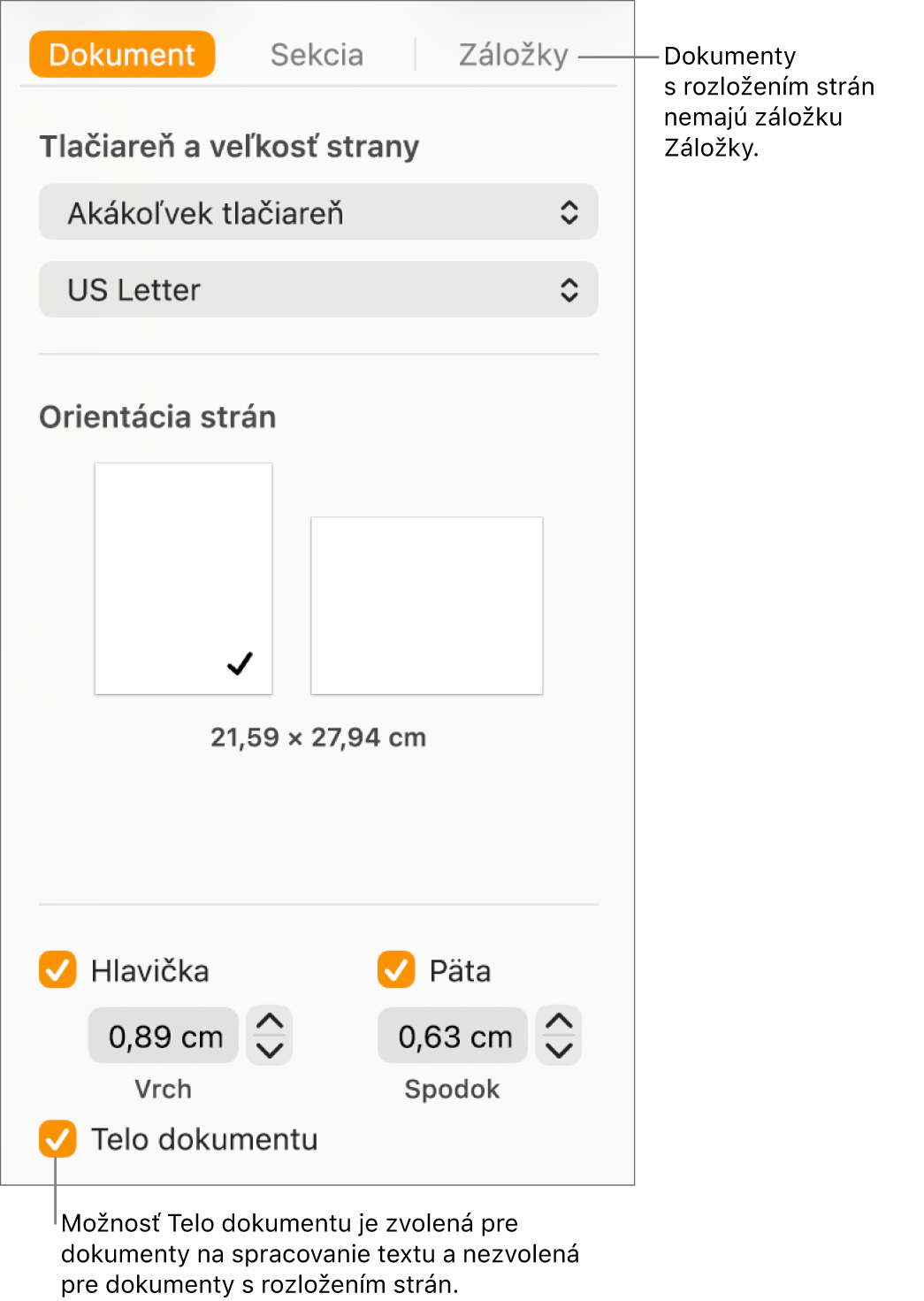 Postranný panel Formát so záložkami Dokument, Sekcia a Záložky v hornej časti. Je zvolený tab Dokument a v bubline pre tab Záložky je napísané, že dokumenty s rozložením strán nemajú tab Záložky. Políčko Telo dokumentu je zaškrtnuté, čo takisto znamená, že toto je dokument na spracovanie textu.