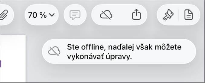Tlačidlá v hornej časti obrazovky s tlačidlom Spolupráca zmeneným na obláčik s diagonálnou čiarou. Upozornenie na obrazovke s oznámením Ste offline, ale naďalej môžete upravovať.