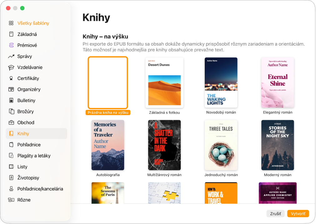Výber šablón s apkou Books vybratou v zozname kategórií naľavo a šablóny kníh v orientácii na výšku napravo.