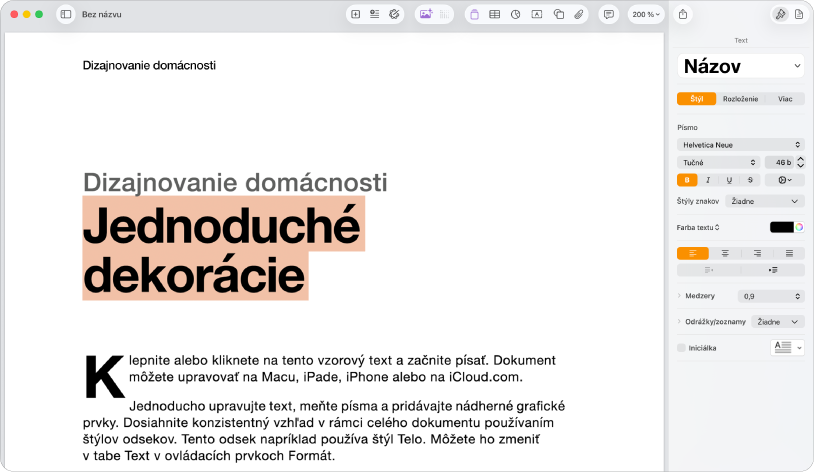 Otvorený dokument s otvoreným postranným panelom Formát a vybraným tabom Text.