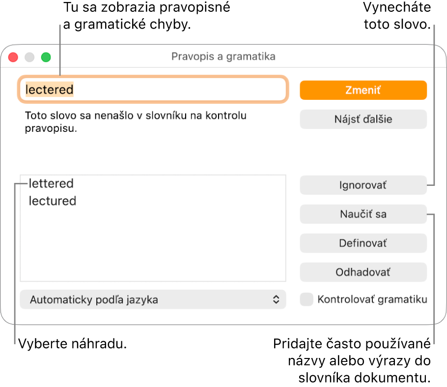 Okno Pravopis a gramatika.