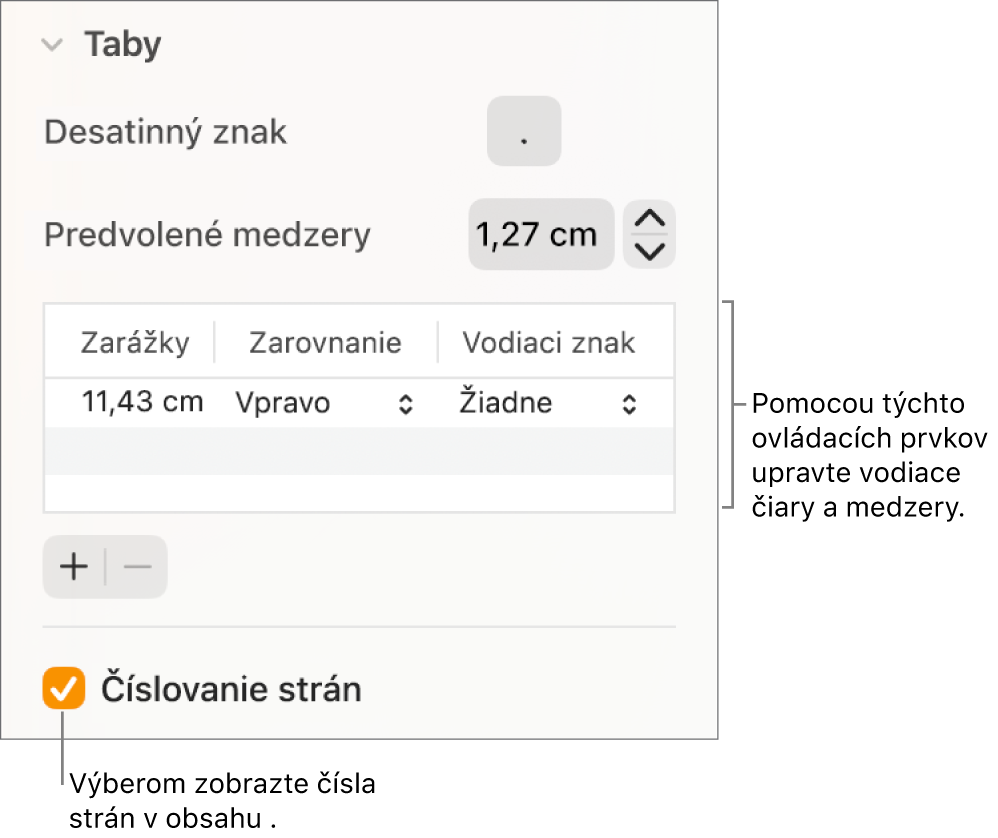 Časť Taby postranného panela Formát. Pod položkou Predvolené medzery sa nachádza tabuľka so stĺpcami Zarážky, Zarovnanie a Vodiaci znak. Pod tabuľkou je zaškrtnuté políčko Číslovanie strán.
