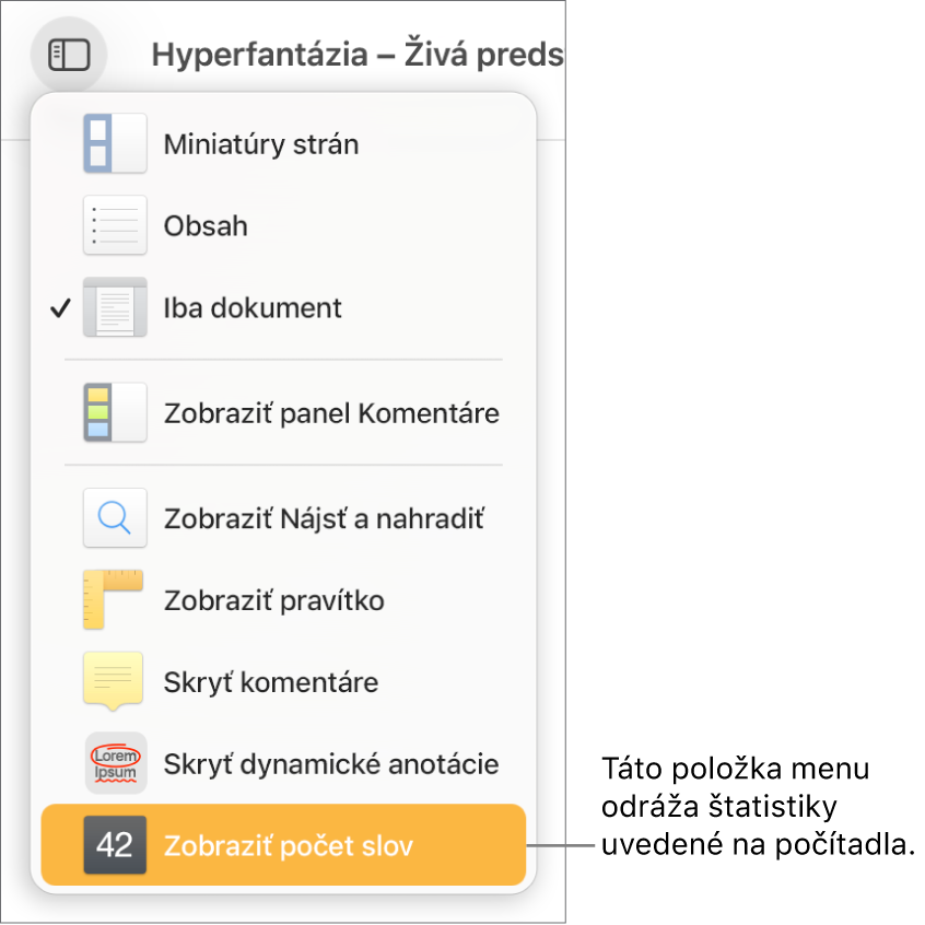 Menu Zobraziť otvorené s možnosťou Zobraziť počet znakov v spodnej časti.