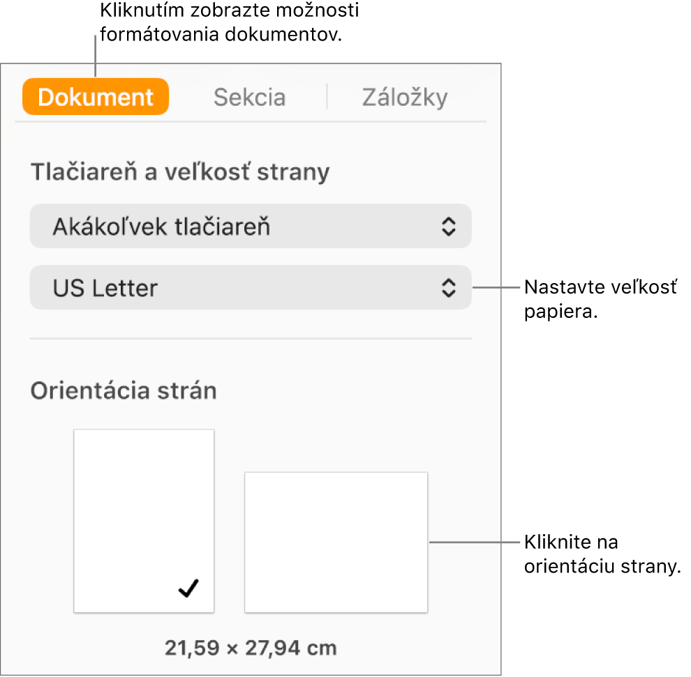 Postranný panel Dokument s označenou záložkou Dokument v hornej časti postranného panela. Na postrannom paneli sa nachádza vyskakovacie menu na nastavenie veľkosti papiera a tlačidlá na nastavenie orientácie strany na výšku alebo na šírku.