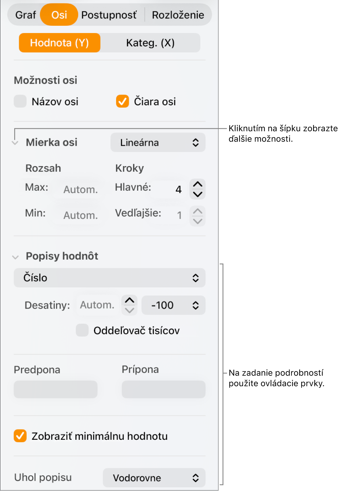 Ovládacie prvky na formátovanie značiek osi grafu.