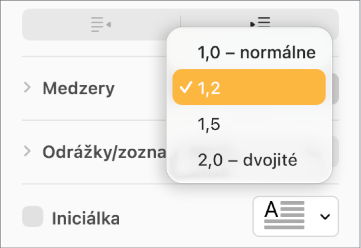 Vyskakovacie menu Medzery s možnosťami Jednoduché, Dvojité a ďalšími možnosťami.