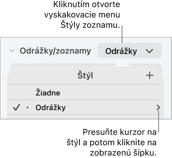 Vyskakovacie menu Štýly zoznamu s jedným označeným štýlom a šípkou úplne napravo od neho.