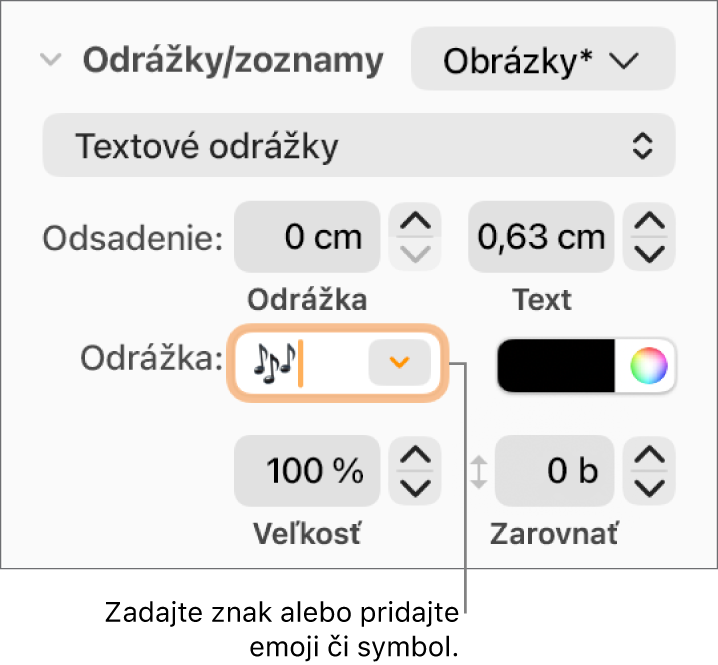 Časť Odrážky a zoznamy postranného panela Formát. Pole Odrážka zobrazuje emoji kvetu.