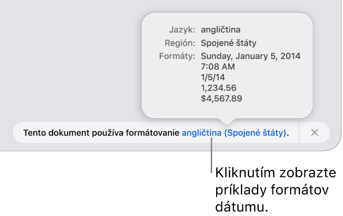 Hlásenie o inom jazyku a nastavení regiónu zobrazujúce príklady formátovania v danom jazyku a regióne.