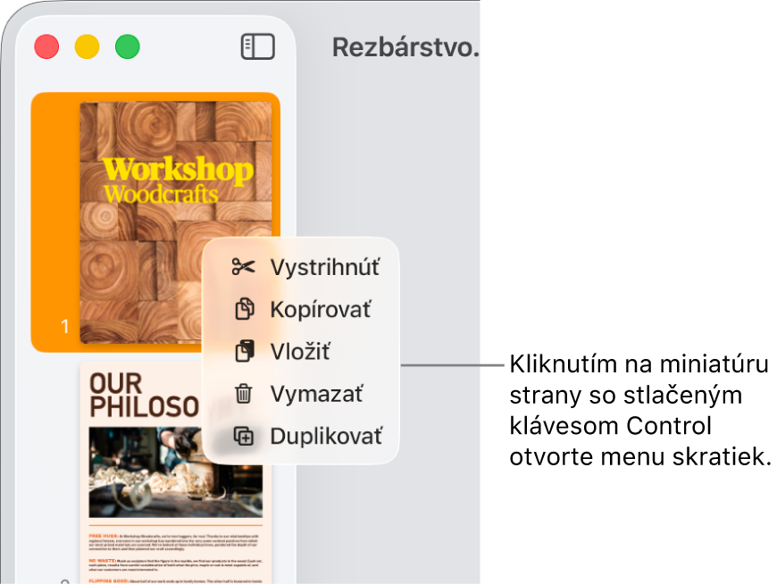Zobrazenie Miniatúry strán s jednou označenou miniatúrou a otvoreným menu skratiek.