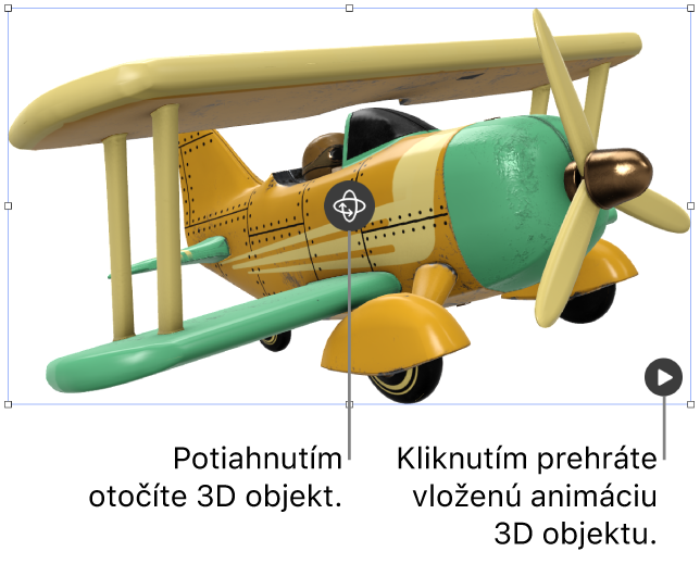 3D objekt s tlačidlom Otočiť v strede objektu a tlačidlom Prehrať v pravom dolnom rohu.