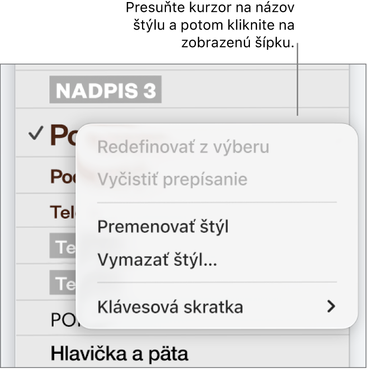 Menu Štýly odseku s otvoreným menu skratiek.