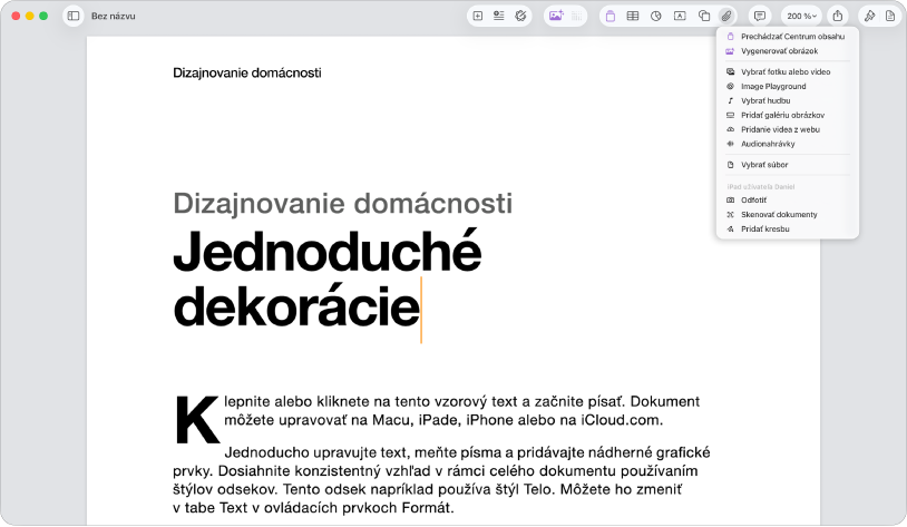 Otvorený dokument s otvoreným menu Pridať médiá.