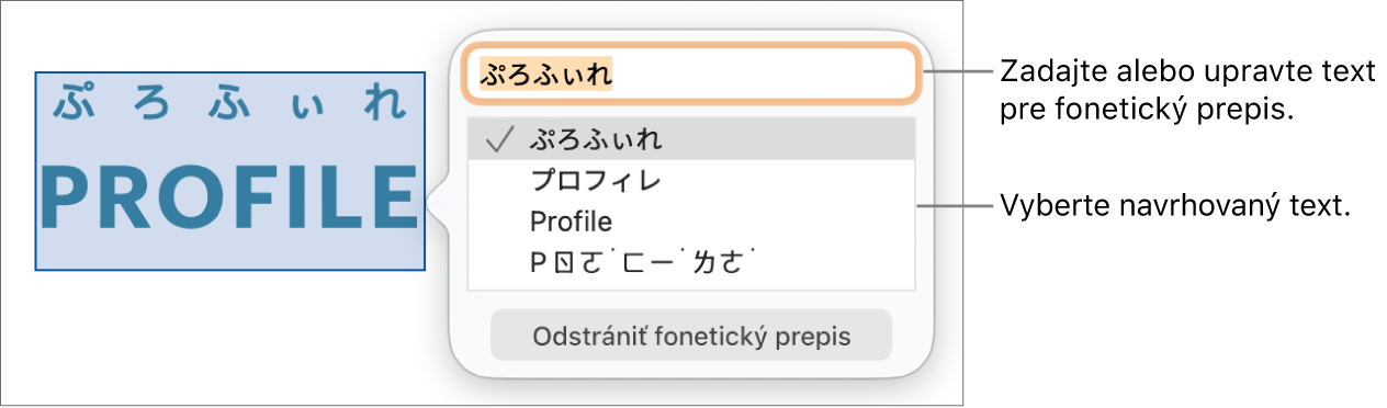 Otvorený fonetický prepis pre označené slovo s textovými bublinami na textovom poli a odporúčaný text.