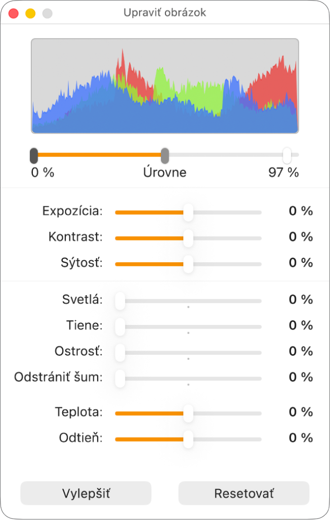 Okno Upraviť obrázok s posuvníkmi na nastavenie expozície, kontrastu, sýtosti, zvýraznení, tieňov, ostrosti, šumu, teploty a zafarbenia.
