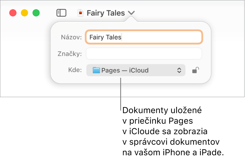 Dialógové okno Uložiť dokumentu Pages – iCloud vo vyskakovacom menu Miesto.