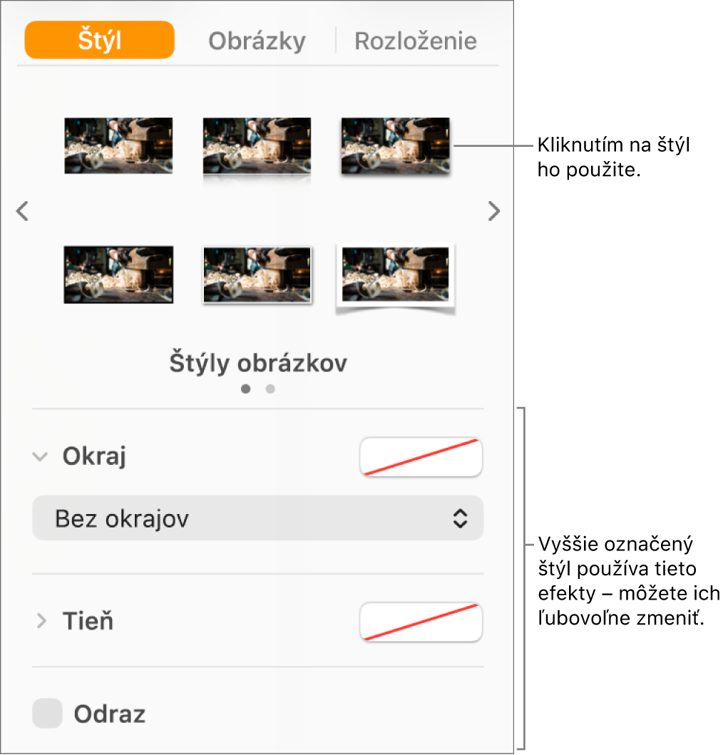Záložka Štýl na postrannom paneli Formát zobrazujúca možnosti štýlu objektu.