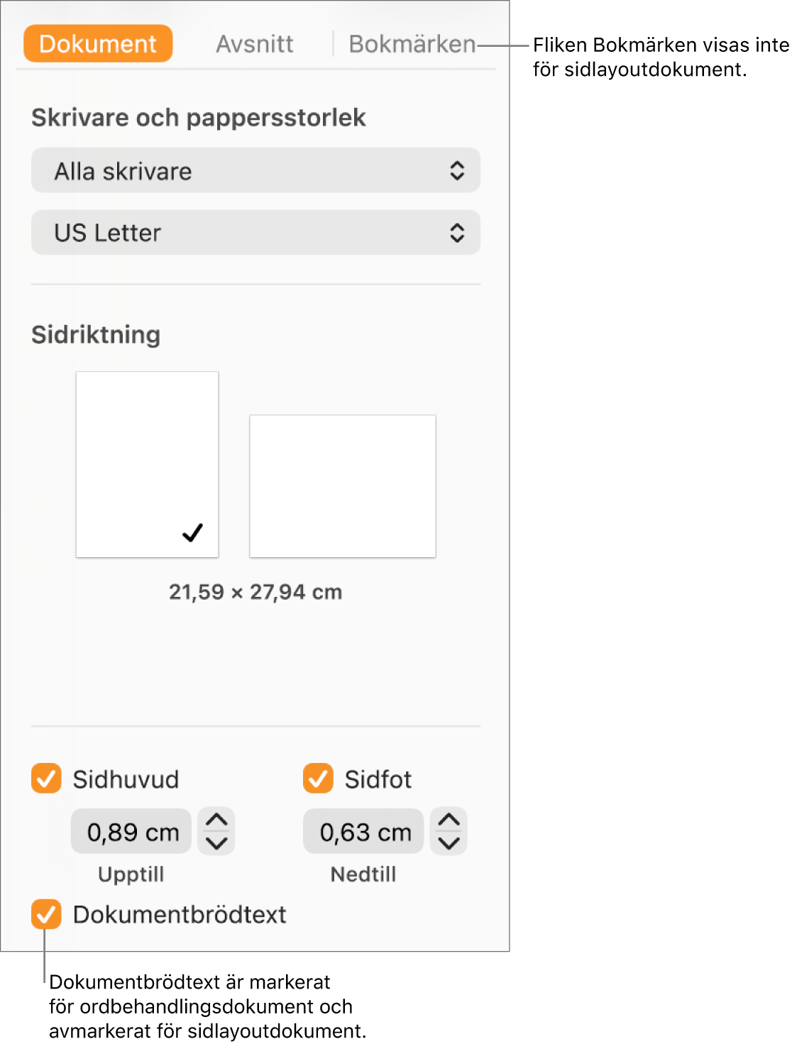 Formatsidofältet med flikarna Dokument, Avsnitt och Bokmärken högst upp. Fliken Dokument är vald och ett streck till fliken Bokmärken förklarar att sidlayoutdokument inte har fliken Bokmärken. Kryssrutan Dokumentbrödtext är markerad, vilket även visar att det här är ett ordbehandlingsdokument.