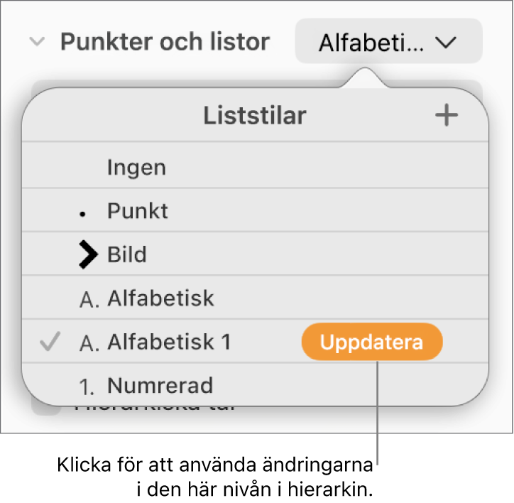 Popupmenyn Liststilar med knappen Uppdatera bredvid namnet på den nya stilen.