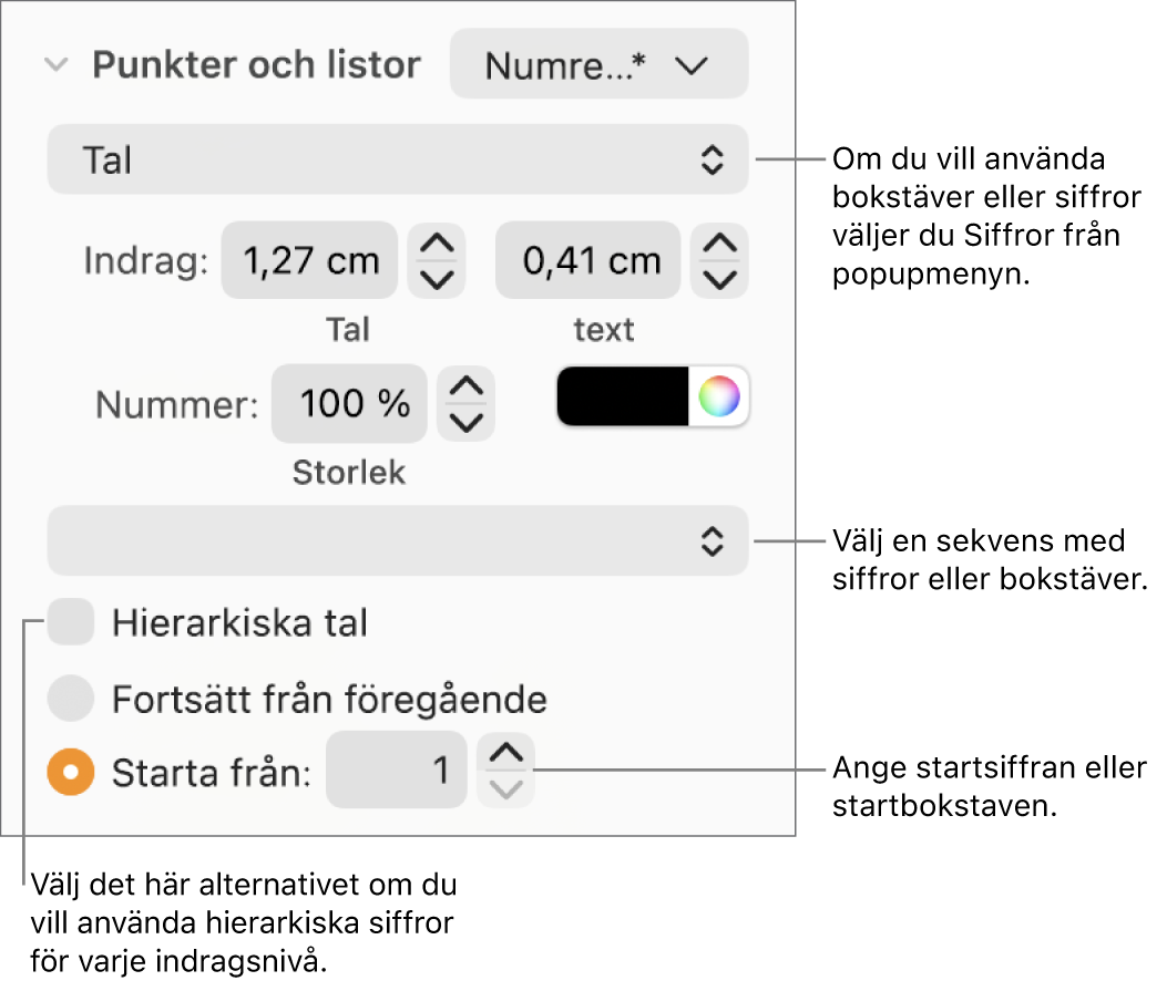 Reglage för att ändra numreringsstilen och avstånd i listor.