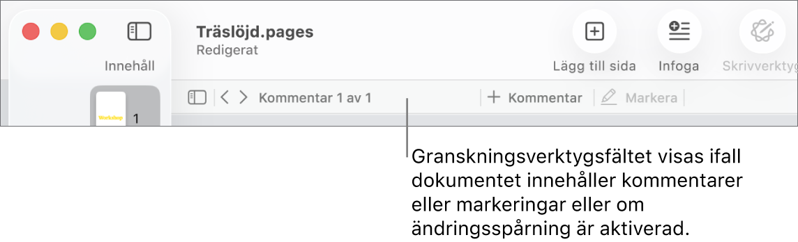 Pages-verktygsfältet överst på skärmen med knappar överst för vy, zooma, lägga till sida, infoga, tabell, diagram, text, form, medier och kommentar. Nedanför Pages-verktygsfältet finns granskningsverktygsfältet med knappen för att gömma eller visa kommentarer, pilar för att gå till nästa eller föregående kommentar, totalt antal kommentarer och knappar för att lägga till en kommentar eller markeringar.