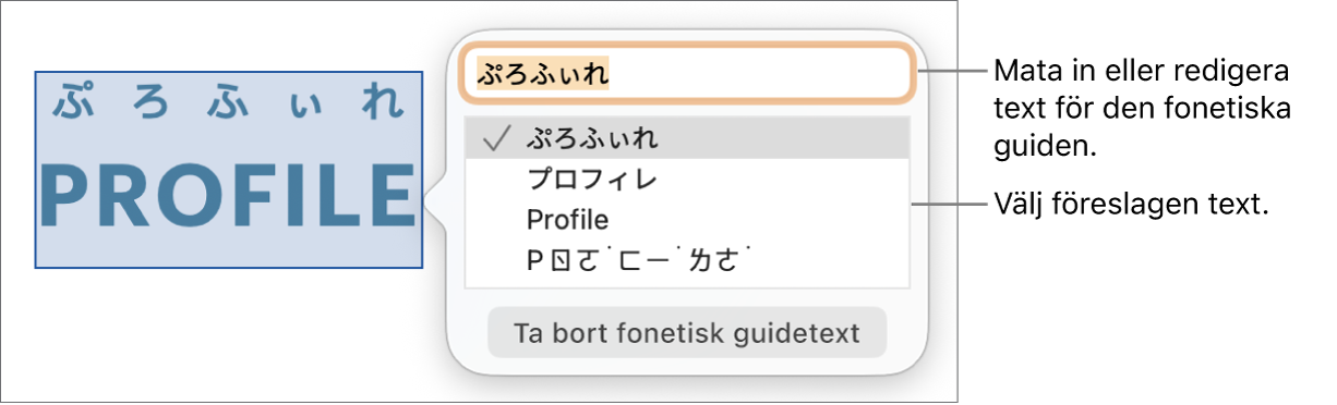 Den fonetiska guiden är öppen för ett ord, med linjer som pekar på textfältet och föreslagen text.
