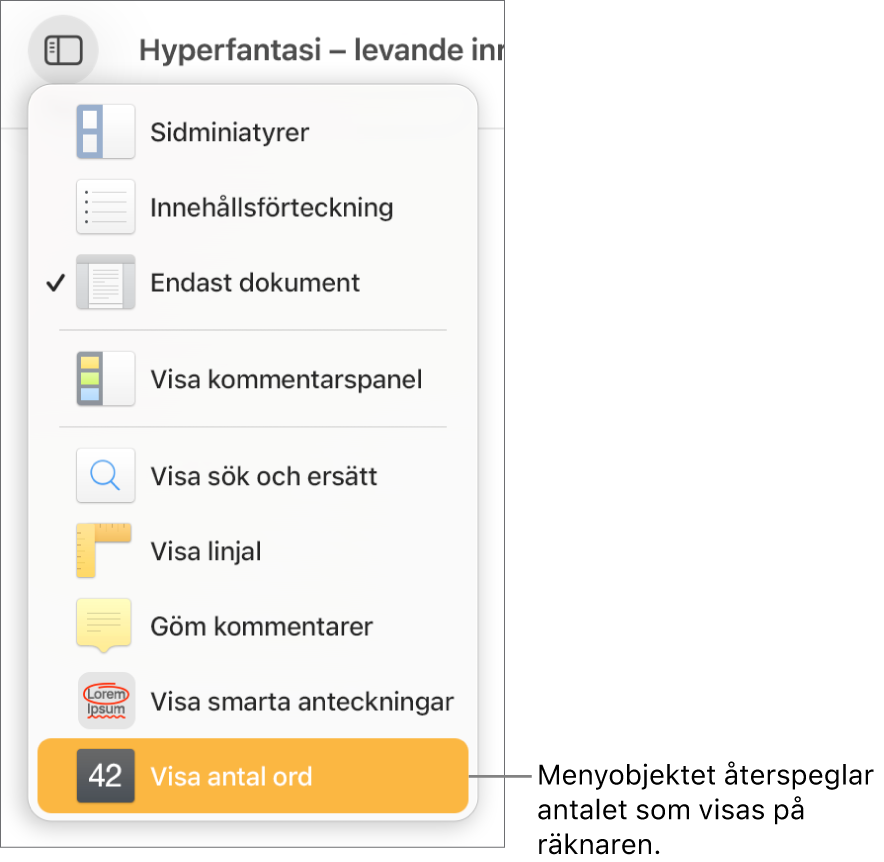 Menyn Innehåll är öppen med Visa teckenantal nära nederkanten.