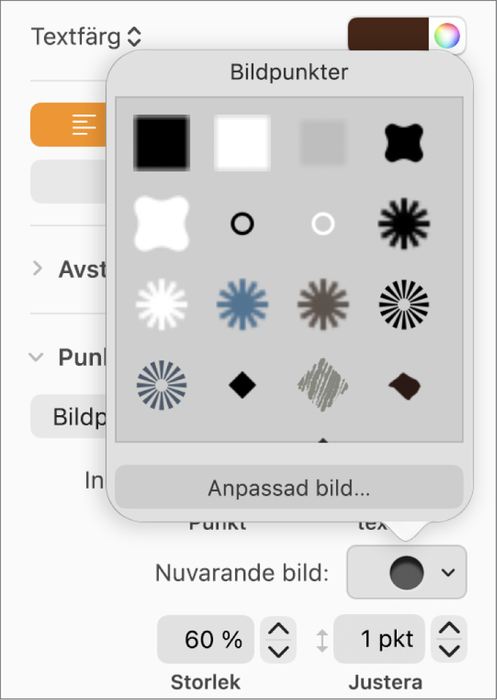 Popupmenyn Bildpunkter.