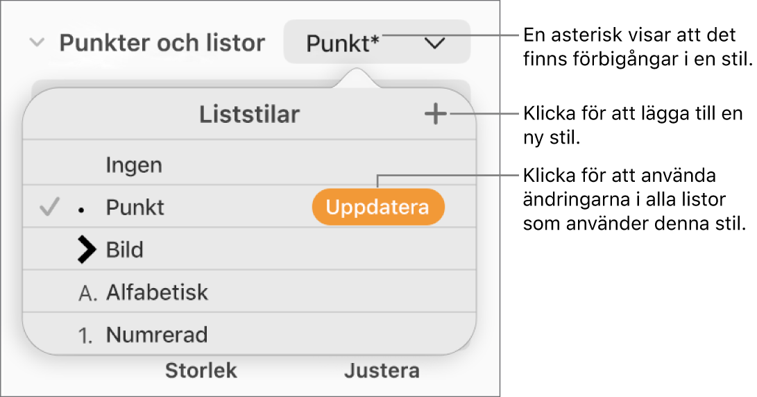 Popupmenyn Liststilar med en asterisk som anger en förbigång, och pilar till knappen Ny stil och till en undermeny med alternativ för hantering av stilar.