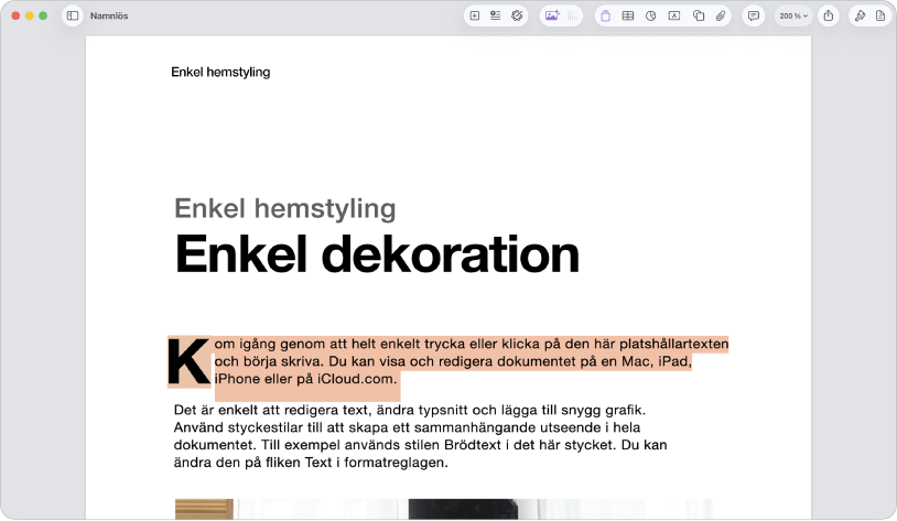 I ett öppet dokument med markerad mallplatshållartext.