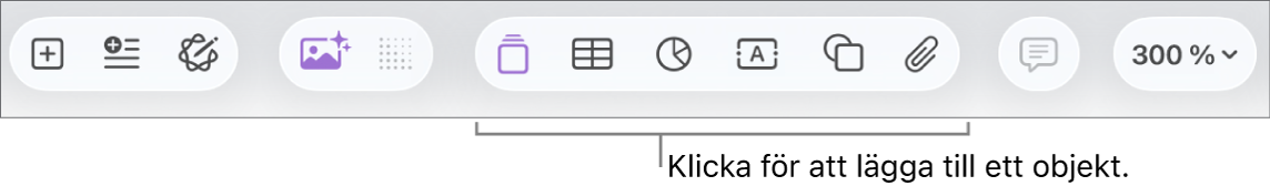 Verktygsfältet i Pages med knapparna Infoga, Tabell, Diagram, Text, Form och Medier.