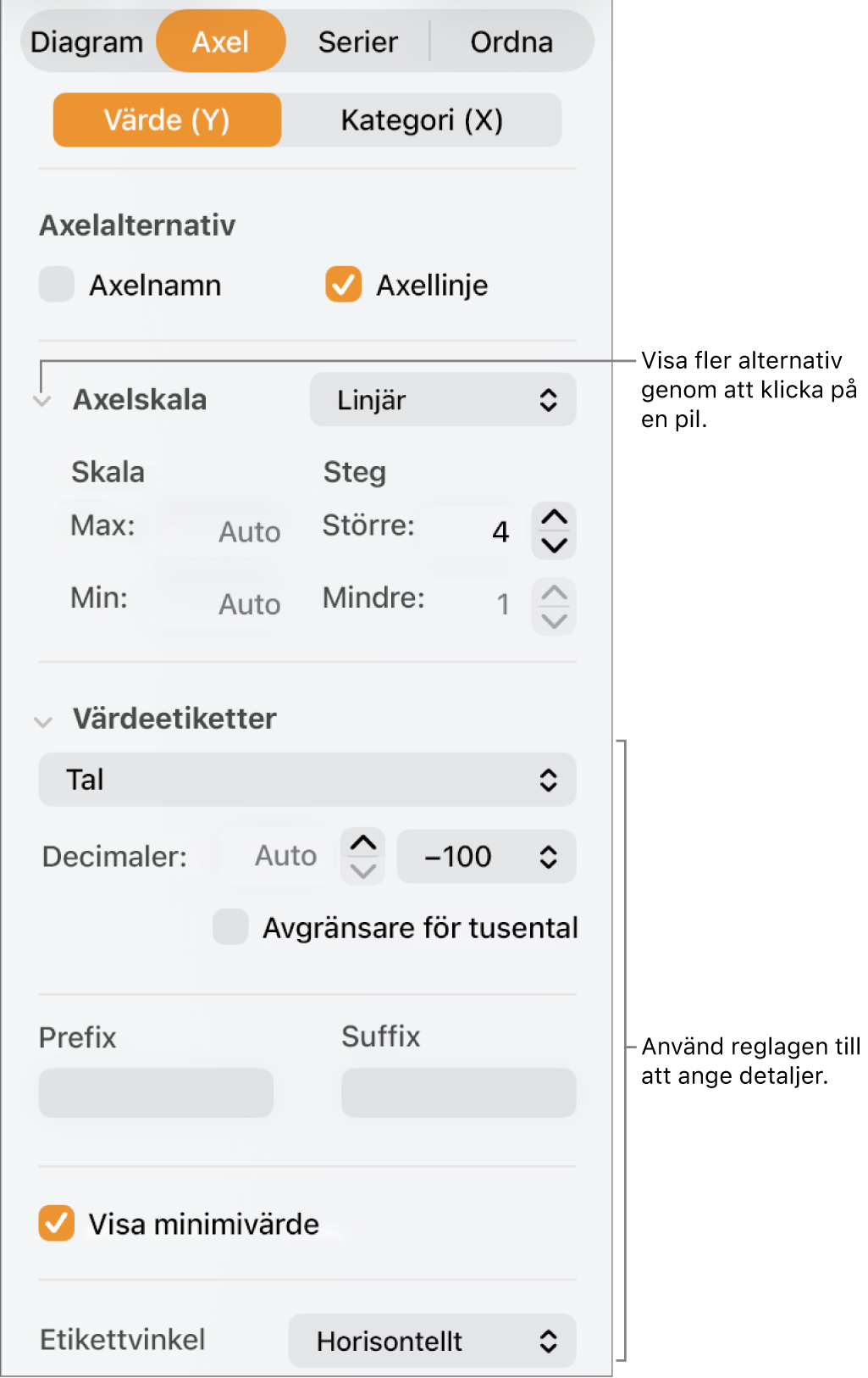 Reglage för formatering av diagramaxelmarkeringar.