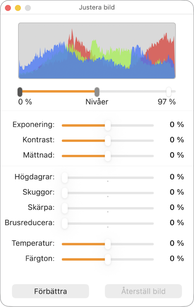 Fönstret Justera bild med reglage för exponering, kontrast, mättnad, högdagrar, skuggor, skärpa, brusreducering, temperatur och nyans.