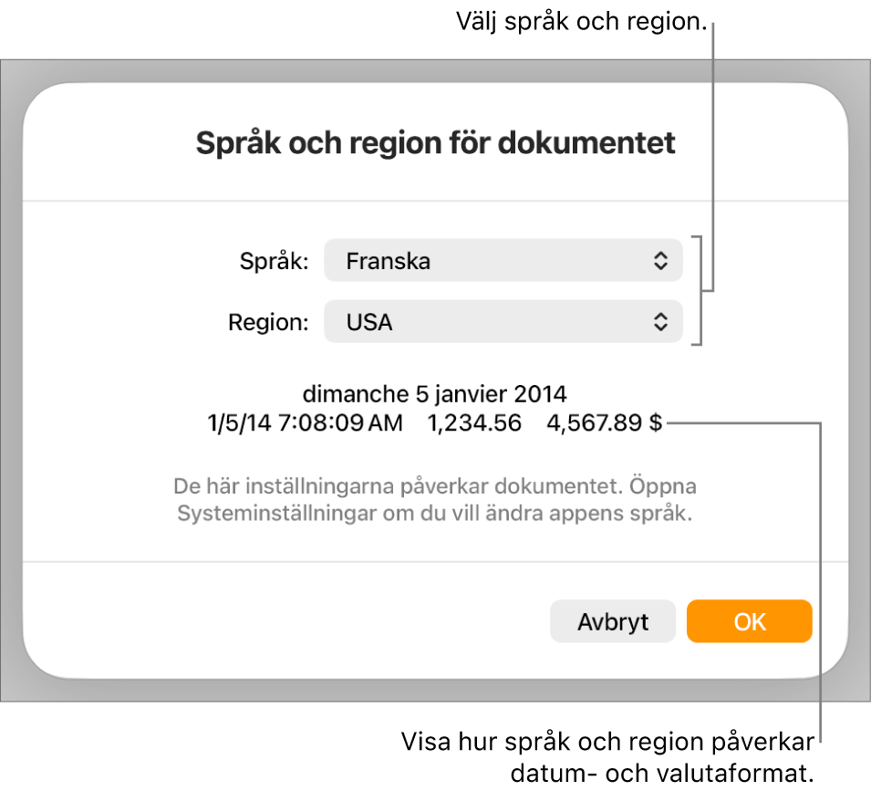 Panelen Språk och region med reglage för språk och region samt ett formatexempel med datum, tid, decimal och valuta.