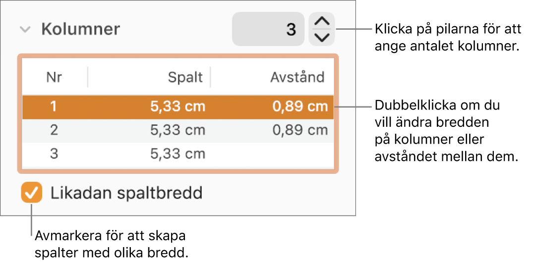 Layoutpanelen i formatgranskaren med spaltreglage.