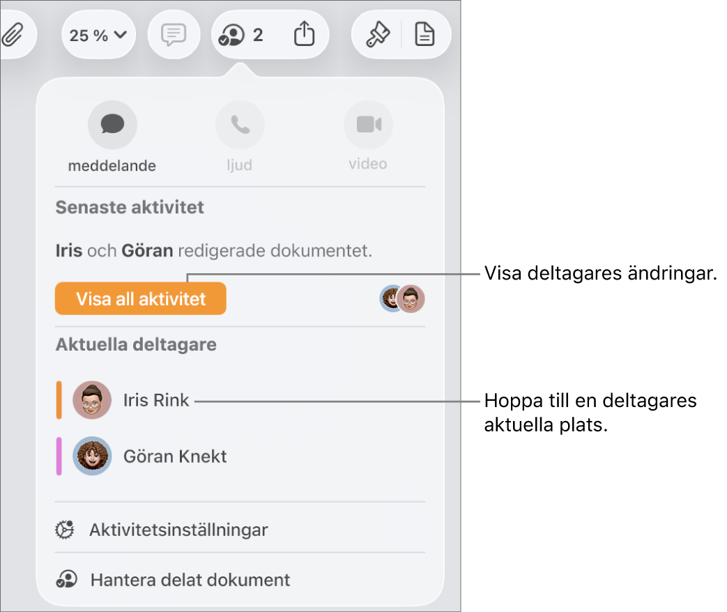 Samarbetsmenyn med två aktuella deltagare listade.
