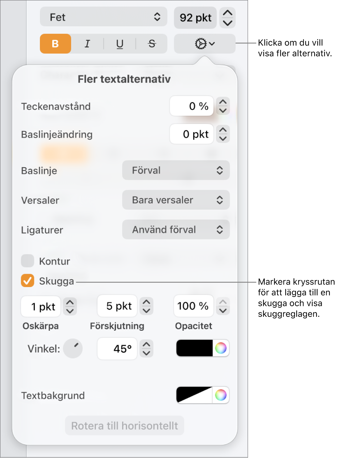 Menyn Avancerade alternativ är öppen med kryssrutan Skuggor markerad och reglage för inställning av oskärpa, förskjutning, opacitet, vinkel och färg.