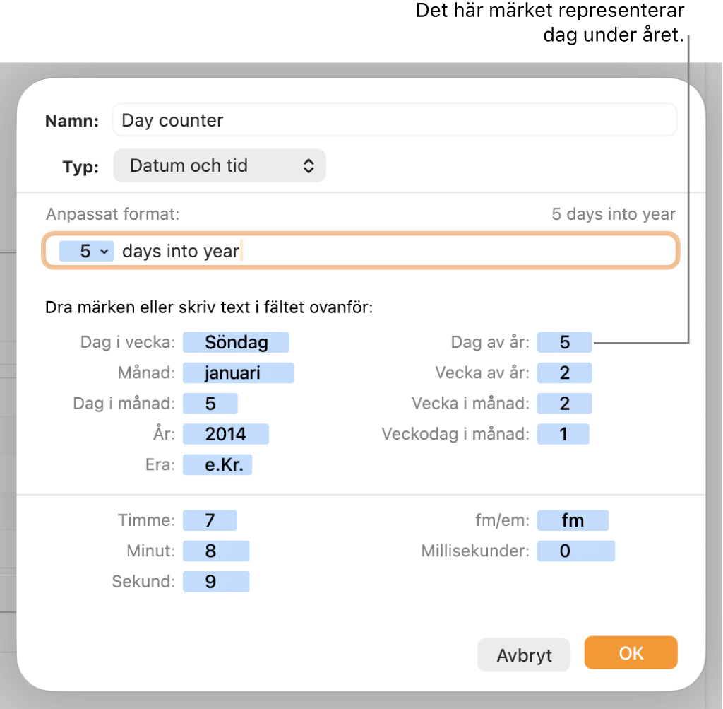 Fönstret för anpassat cellformat med reglage för att välja ett anpassat format för datum och tid.