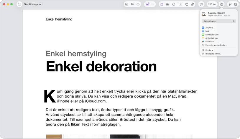 Öppet dokument med menyn Dela öppen.